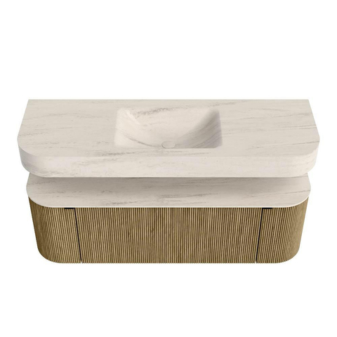 MONDIAZ THOR-DLUX Meuble de salle de bains 140cm arrondi gauche + droite couleur Dusk avec 1 tiroir et 2 portes. Vasque suspendue CLOUD Milieu sans trou de robinet couleur Meli. SW1464369