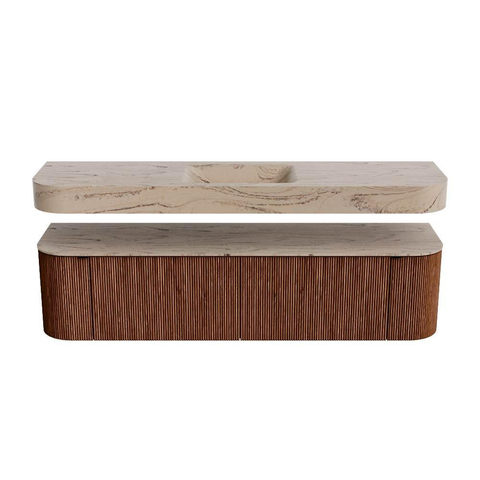 MONDIAZ THOR-DLUX 180cm meuble de salle de bains arrondi gauche + droite couleur Ruby avec 2 tiroirs et 2 portes. Vasque suspendue CLOUD Milieu sans trou de robinet couleur Arena. SW1466148
