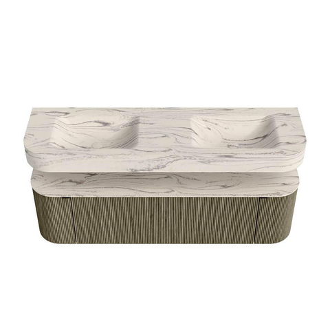 MONDIAZ THOR-DLUX 160cm meuble de salle de bains arrondi gauche + droite couleur Shadow avec 1 tiroir et 2 portes. Vasque suspendue CLOUD Double 2 trous de robinet couleur Nata. SW1465293