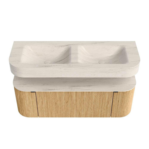 MONDIAZ THOR-DLUX 130cm badmeubel ronding links + rechts kleur Oak met 1 lade en 2 deuren. Vrijhangende wastafel CLOUD Dubbel 2 kraangaten kleur Meli. SW1463831