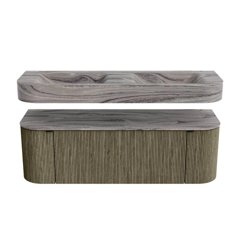 MONDIAZ THOR-DLUX 140cm meuble de salle de bains arrondi gauche + droite couleur Shadow avec 1 tiroir et 2 portes. Vasque suspendue CLOUD Double sans trou de robinet couleur Sombra. SW1464246
