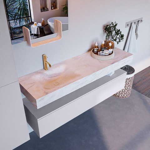 Mondiaz ALAN-DLUX Ensemble de meuble - 150cm - meuble Cale mat - 1 tiroir - Lavabo Cloud Ostra suspendu - vasque gauche - 1 trou de robinet SW807467