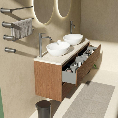 Saniclass Holz Pure Badkamermeubelset - 140x45x63cm - Travertine natuurstenen topblad - 2 kraangaten - 4 lades - mat walnut pure (hout) SW1478905