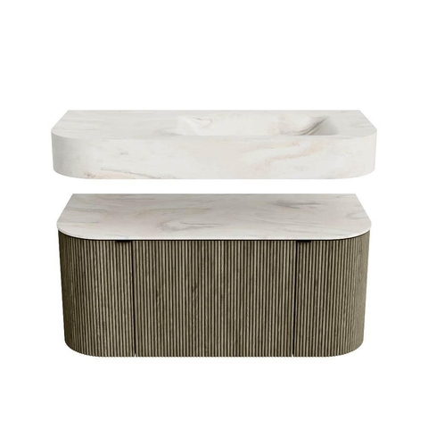 MONDIAZ THOR-DLUX 100cm meuble de salle de bains arrondi gauche + droite couleur Shadow avec 1 tiroir et 2 portes. Vasque suspendue CLOUD droite 1 trou de robinet couleur Ostra. SW1467532
