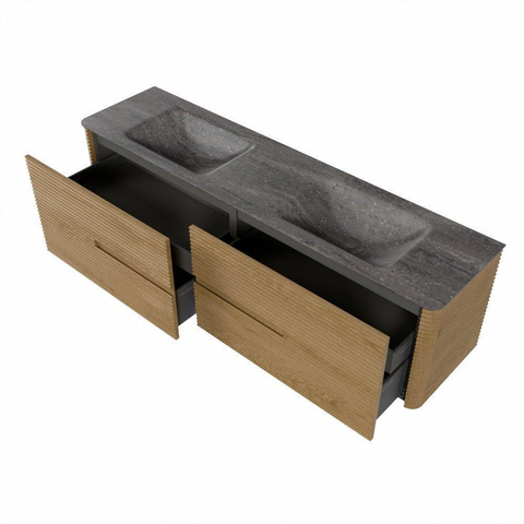Mondiaz CIRO-DLUX Ensemble de meubles de salle de bains - 180x45x50cm - Vasque en solid surface Oza - 2 bassins Double - sans trous de robinet - 4 tiroirs - Chêne SW1531211