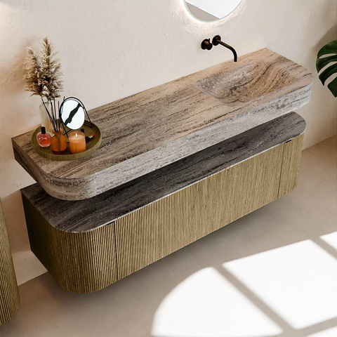 MONDIAZ THOR-DLUX 160cm meuble de salle de bains arrondi gauche + droite couleur Dusk avec 1 tiroir et 2 portes. Vasque suspendue CLOUD Droite sans trou de robinet couleur Oza. SW1465347