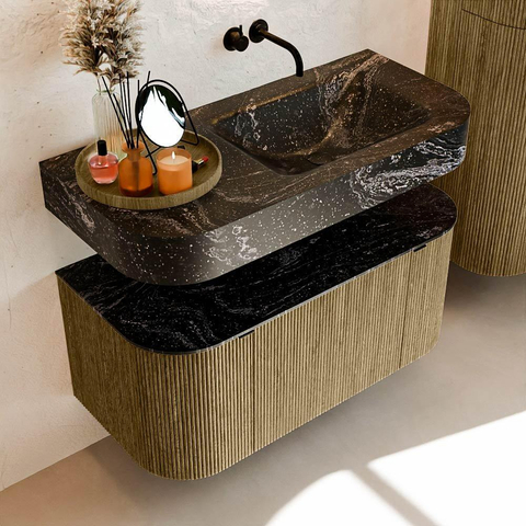 MONDIAZ THOR-DLUX 100cm meuble de salle de bains arrondi gauche + droite couleur Dusk avec 1 tiroir et 2 portes. Vasque suspendue CLOUD Droite sans trou de robinet couleur Lava. SW1467344