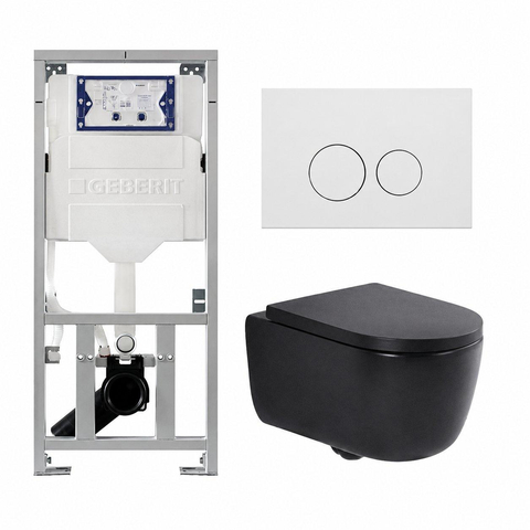 QeramiQ Dely Swirl Ensemble WC - 36.3x51.7cm - Réservoir encastré Geberit UP320 - Abattant de 35mm d'épaisseur - Plaque de commande en métal blanc mat - Boutons ronds - Noir mat SW1138608