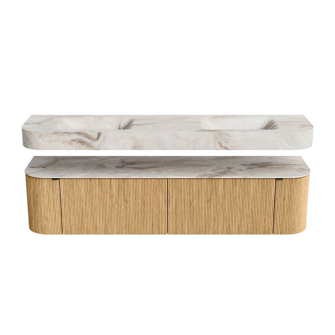 MONDIAZ THOR-DLUX Meuble de salle de bains 190cm arrondi gauche + droite couleur Oak avec 2 tiroirs et 2 portes. Vasque suspendue CLOUD Double 2 trous de robinet couleur Frappe. SW1466363