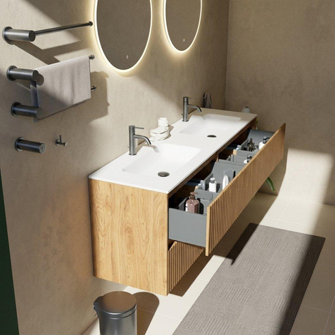 Saniclass Holz Atelier Badkamermeubelset - 160x45x61.5cm - Flow solid surface wastafel wit - 2 wasbakken - 2 kraangaten - 4 lades - mat eiken natural (hout) SW1478453