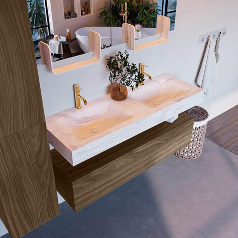 Mondiaz ALAN-DLUX Meuble de salle de bains 130cm sous-meuble Mocha 1 tiroir. Lavabo suspendu CLOUD double 2 trous de robinet, couleur Ostra. SW1176995