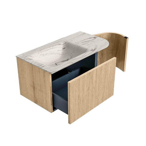 MONDIAZ KURVE-DLUX Meuble de salle de bains 85cm arrondi à droite couleur Oak avec 1 tiroir et 1 porte. Plan-vasque CLOUD à gauche sans trou de robinet Nata. SW1434028