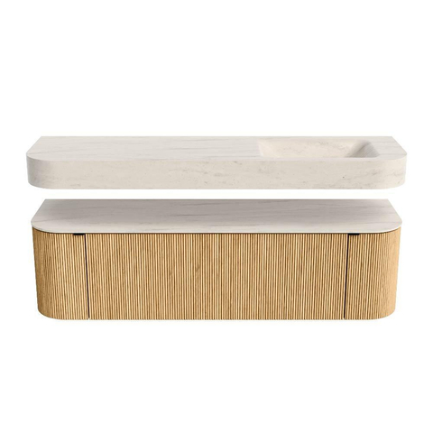 MONDIAZ THOR-DLUX 160cm meuble de salle de bains arrondi gauche + droite couleur Oak avec 1 tiroir et 2 portes. Vasque suspendue CLOUD Droite sans trou de robinet couleur Meli. SW1465152