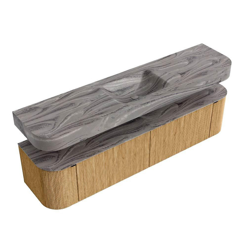 MONDIAZ THOR-DLUX Meuble de salle de bains - 190cm - arrondi gauche + droite - couleur Oak - 2 tiroirs et 2 portes - Vasque suspendue CLOUD Milieu sans trou de robinet - couleur Sombra SW1466685