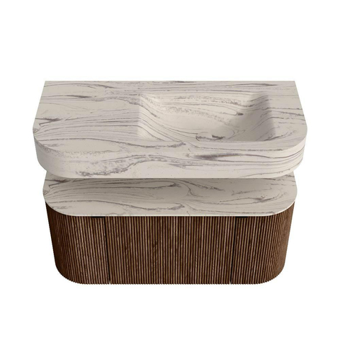 MONDIAZ THOR-DLUX 100cm meuble de salle de bains arrondi gauche + droite couleur Walnut avec 1 tiroir et 2 portes. Vasque suspendue CLOUD Droite sans trou de robinet couleur Nata. SW1467504