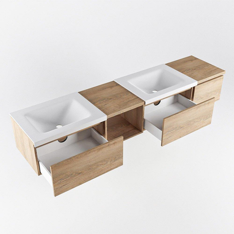 MONDIAZ BUKLA 200cm ensemble de meuble avec module ouvert 40 gauche couleur Chêne blanchi avec 3 tiroirs. Lavabo CLOUD double 0 trou de robinet couleur Talc. SW1382186