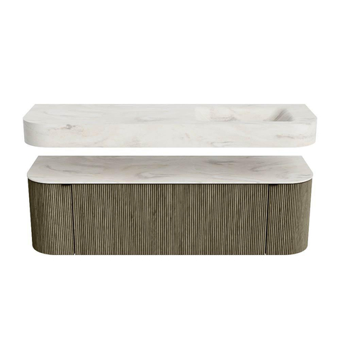MONDIAZ THOR-DLUX 150cm badmeubel ronding links + rechts kleur Shadow met 1 lade en 2 deuren. Vrijhangende wastafel CLOUD Rechts zonder kraangat kleur Ostra. SW1464697