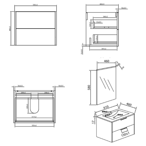 Differnz Bolo Ensemble meuble de salle de bains 61x50x46cm panneau FSC MFC / Céramique blanche chêne clair mat SW787970