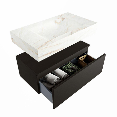 Mondiaz ALAN-DLUX Ensemble de meuble - 80cm - meuble Urban mat - 1 tiroir - Lavabo Cloud Frappe suspendu - vasque Centre - 1 trou de robinet SW805436