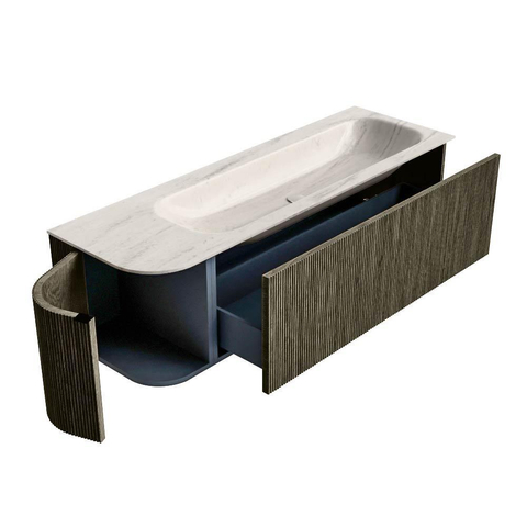 MONDIAZ KURVE-DLUX Meuble de salle de bains 145cm arrondi à gauche couleur Shadow avec 1 tiroir et 1 porte. Lavabo BIG LARGE à droite 2 trous de robinet Meli. SW1431807