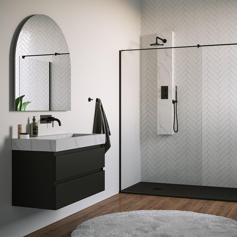 BRAUER Black Edition Panneau de douche thermostatique - 2 fonctions - calacatta gold - SET 01 - pomme de douche 20cm - bras mural courbé - douchette barre - coude de raccordement mural - flexible de douche - noir mat SW925412