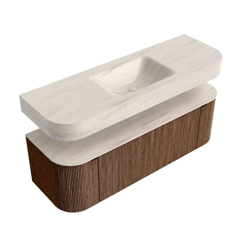 MONDIAZ THOR-DLUX Meuble de salle de bains - 140cm - arrondi gauche + droite - couleur Walnut - 1 tiroir et 2 portes - Vasque suspendue CLOUD Milieu sans trou de robinet - couleur Meli SW1464398