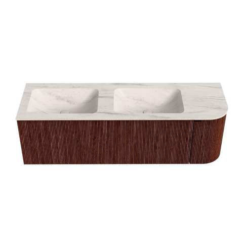 MONDIAZ KURVE-DLUX Meuble de salle de bains 145cm arrondi à droite couleur Ruby avec 1 tiroir et 1 porte. Lavabo LEAF Double / Gauche 2 trous de robinet Meli. SW1432040