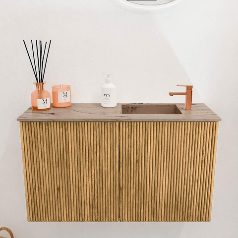 Mondiaz JOYA-DLUX 70cm toiletmeubel - kleur Oak - Wastafel FAYE positie Rechts 1 kraangat kleur Arena. SW1423853