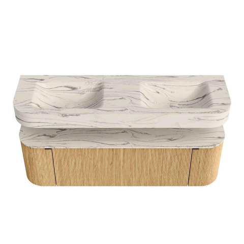 MONDIAZ THOR-DLUX 150cm meuble de salle de bains arrondi gauche + droite couleur Oak avec 1 tiroir et 2 portes. Vasque suspendue CLOUD Double 2 trous de robinet couleur Nata. SW1467675