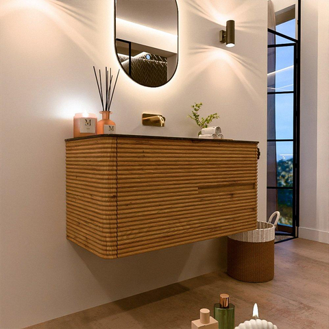 Mondiaz CIRO-DLUX Meuble de salle de bains - 100x45x50cm - Plan-vasque solid surface Lava - 1 cuve au milieu - sans trous de robinetterie - 2 tiroirs - Chêne SW1531071