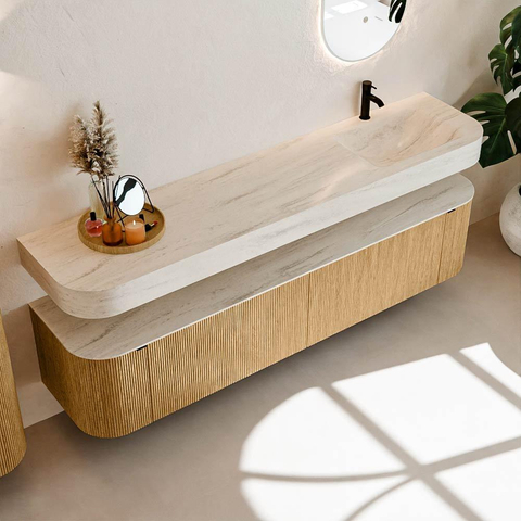 MONDIAZ THOR-DLUX 200cm meuble de salle de bains arrondi gauche + droite couleur Oak avec 2 tiroirs et 2 portes. Vasque suspendue CLOUD Droite 1 trou de robinet couleur Meli. SW1467097