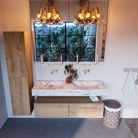 Mondiaz ALAN-DLUX Ensemble de meuble - 130cm - meuble Washed Oak mat - 2 tiroirs - Lavabo Cloud Glace suspendu - vasque Gauche et droite - 0 trous de robinet SW808833