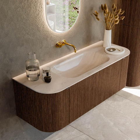 MONDIAZ KURVE-DLUX 130cm badmeubel ronding Links + Rechts kleur Walnut met 1 lade en 2 deuren. Wastafel BIG SMALL Midden zonder kraangat Meli. SW1431684