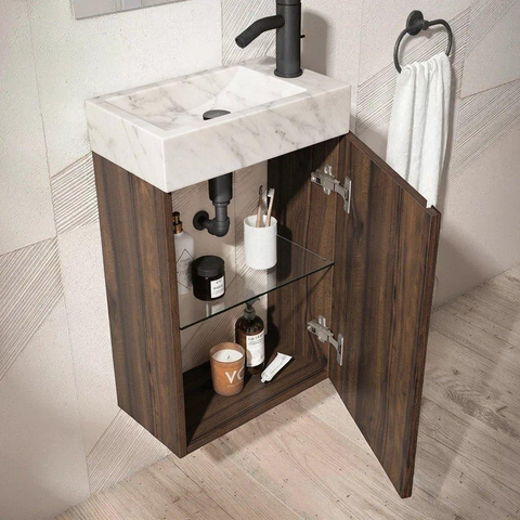 Saniclass Chaci Toiletmeubelset - 40x65cm - 1 deur - 1 kraangat - rechts - fontein natuursteen marmer - noten SW1482346