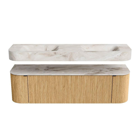 MONDIAZ THOR-DLUX 160cm badmeubel ronding links + rechts kleur Oak met 1 lade en 2 deuren. Vrijhangende wastafel CLOUD Dubbel 2 kraangaten kleur Frappe. SW1464936