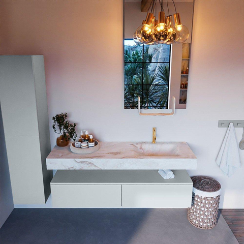 Mondiaz ALAN-DLUX Ensemble de meuble - 150cm - meuble Clay mat - 2 tiroirs - Lavabo Cloud Frappe suspendu - vasque Droite - 1 trou de robinet SW805692