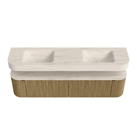 MONDIAZ THOR-DLUX Meuble de salle de bains 190cm arrondi gauche + droite couleur Dusk avec 2 tiroirs et 2 portes. Vasque suspendue CLOUD Double sans trou de robinet couleur Meli. SW1466725