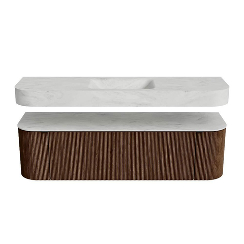 MONDIAZ THOR-DLUX 160cm meuble de salle de bains arrondi gauche + droite couleur Walnut avec 1 tiroir et 2 portes. Vasque suspendue CLOUD Milieu 1 trou de robinet couleur Opalo. SW1465020