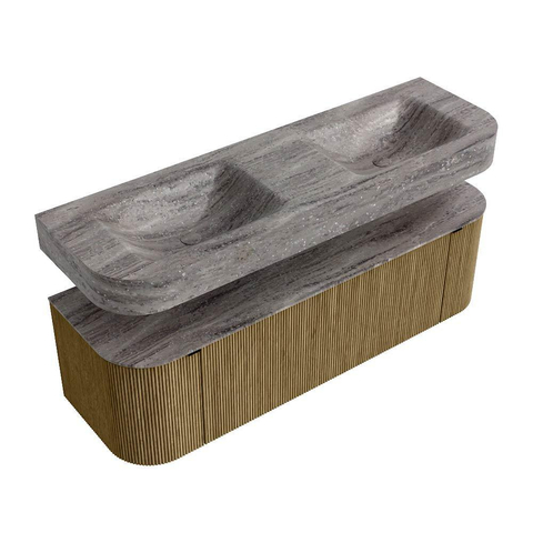 MONDIAZ THOR-DLUX 150cm meuble de salle de bains arrondi gauche + droite couleur Dusk avec 1 tiroir et 2 portes. Vasque suspendue CLOUD Double 2 trous de robinet couleur Oza. SW1464855