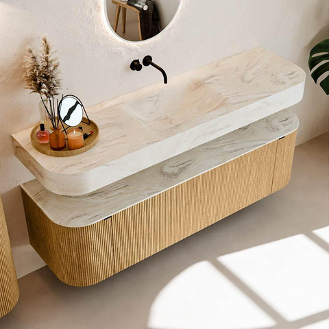 MONDIAZ THOR-DLUX 160cm badmeubel ronding links + rechts kleur Oak met 1 lade en 2 deuren. Vrijhangende wastafel CLOUD Midden zonder kraangat kleur Ostra. SW1464990