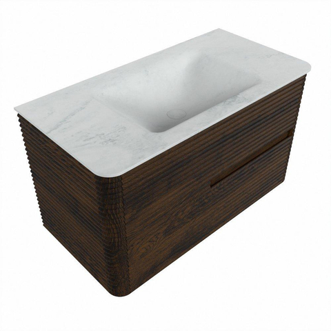 Mondiaz CIRO-DLUX Meuble de salle de bains - 90x45x50cm - Plan vasque solid surface Opalo - 1 vasque Centrale - 1 trou de robinet - 2 tiroirs - Noyer SW1530188