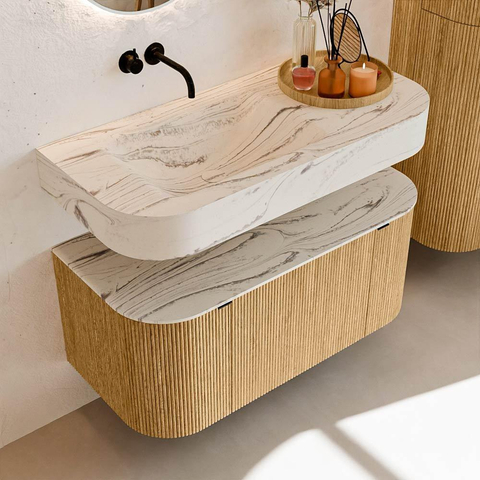 MONDIAZ THOR-DLUX 100cm meuble de salle de bains arrondi gauche + droite couleur Oak avec 1 tiroir et 2 portes. Vasque suspendue CLOUD Gauche sans trou de robinet couleur Nata. SW1467499