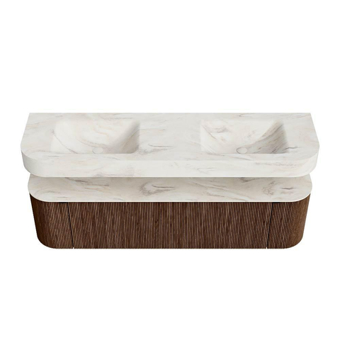 MONDIAZ THOR-DLUX 170cm meuble de salle de bains arrondi gauche + droite couleur Walnut avec 1 tiroir et 2 portes. Vasque suspendue CLOUD Double sans trou de robinet couleur Ostra. SW1465591