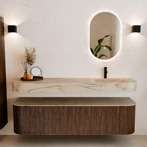 MONDIAZ THOR-DLUX 170cm meuble de salle de bains arrondi gauche + droite couleur Walnut avec 1 tiroir et 2 portes. Vasque suspendue CLOUD Droite 1 trou de robinet couleur Arena. SW1465812