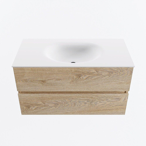 Mondiaz VICA Badkamermeubelset - 90x45x50cm - 2 lades - solid surface wastafel - Moon - zonder kraangaten - Talc - Washed Oak SW1476098