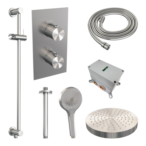 BRAUER Stripe Douche de tête thermostatique encastrable - 3 voies - rectangulaire - SET 24 - pomme de douche 25cm - bras de plafond - douchette 3 positions - flexible de douche - barre coulissante intégrée - couleur inox brossé PVD SW1435263