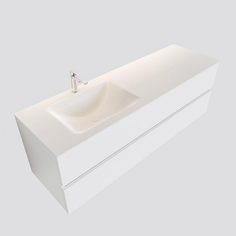 ENSEMBLE DE MEUBLE MONDIAZ VICA - 150cm - 2 tiroirs - lavabo Cloud gauche - 1 trou de robinet - solid surface talc SW409794