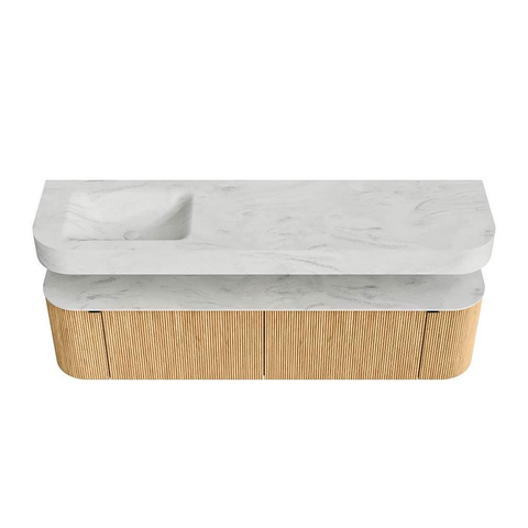 MONDIAZ THOR-DLUX 180cm meuble de salle de bains arrondi gauche + droite couleur Oak avec 2 tiroirs et 2 portes. Vasque suspendue CLOUD gauche sans trou de robinet couleur Opalo. SW1465898