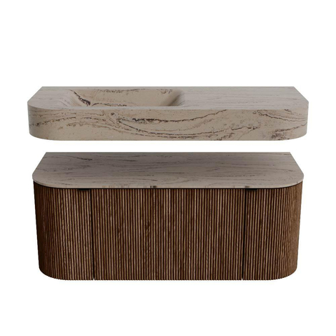 MONDIAZ THOR-DLUX 110cm meuble de salle de bains arrondi gauche + droite couleur Walnut avec 1 tiroir et 2 portes. Vasque suspendue CLOUD Gauche sans trou de robinet couleur Arena. SW1462913