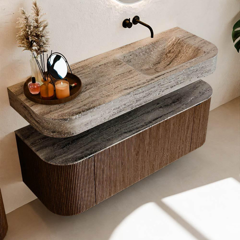 MONDIAZ THOR-DLUX 130cm meuble de salle de bains arrondi gauche + droite couleur Walnut avec 1 tiroir et 2 portes. Vasque suspendue CLOUD droite sans trou de robinet couleur Oza. SW1463992